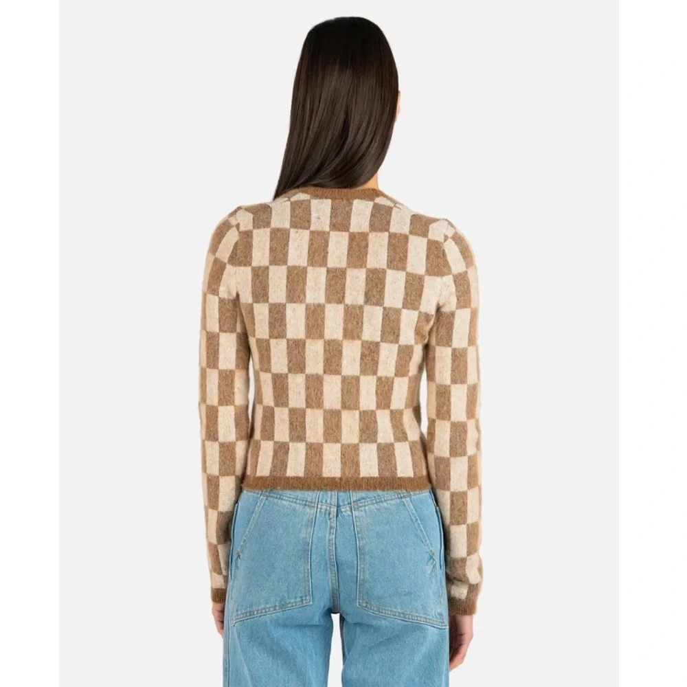 Nanushka Feline Brushed Alpaca Checkered Sweater in Creme/Brown - Picture 3 of 11